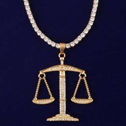 Balance Scales Pendant With 4MM Tennis Chain Full Cubic Zircon Iced Out Men's Hip Hop Rock Jewelry Gold Silver Color