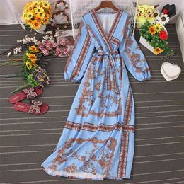Long-sleeved Floral V-neck Dress Female Autumn All-match with Waist and Thin Temperament UK052 210507