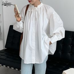 Long Sleeve Cotton Girl's Blouse Chic Baroque Lace-up Lantern Ultra-loose Shirt Femme Casual White Top Women 12299 210521