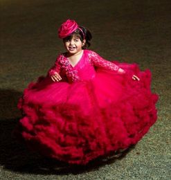 Tutu Puffy Tiered Ball Gown Little Girls Pageant Dresses Lace Long Sleeve V-Neck Floor Length Wedding Party 1St Brithday Toddler Baby Princess Special Occasion Gowns