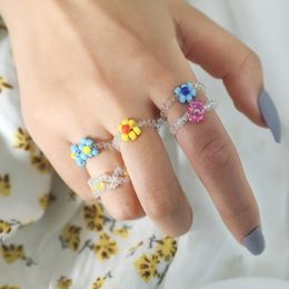 5 Pcs/Set Female Fashion Glass Beads Handmade Beaded Elastic Rope Adjustable Weave Flower Rings Set For Women Girls Jewellery Gift