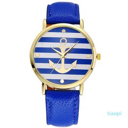 Colourful Stripes Anchor Unisex Leather Quartz Watches for Fashion Women mens students Sport Outdoor Gift Party Wristwatches Clock