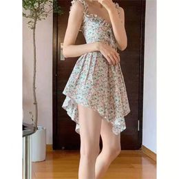 Floral sling fold lace dress feminine skirt mini summer Korean fashion women's clothing 210520