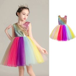 Summer Girl Rainbow Sequins Tutu Dress Colourful s Clothes Backless Sleeveless Tulle Birthday Party 210515