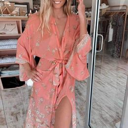 Inspired wild rose Women Kimono Cardigan Floral Print Long Sleeve Belt Casual beach long blouse Cover Ups summer top 210412