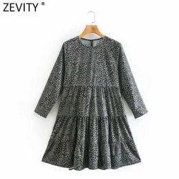 Zevity Women Vintage O Neck Leopard Print Pleats Casual Mini Dress Femme Retro Three Quarter Sleeve Chic Vestido DS4887 210603