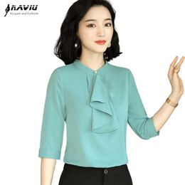 Elegant Loose Wild Half Sleeve Shirt Women Stand Collar Plus Size Chiffon Casual Blouses Office Ladies Formal Work Tops 210604