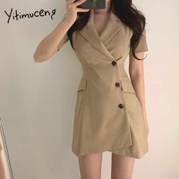 Yitimuceng Button Up Dresses for Women Office Lady High Waist A-Line Khaki Black Clothes Summer Korean Fashion Dress 210601