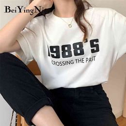 Cotton Women Tshirt Short Sleeve High Street Letters Printed Loose Oversized T-shirts Female White Grey Harajuku Tops 210506