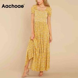 Floral Print Bohemian Summer Women Short Sleeve Ruffles Beach Dress Female Square Collar A-line Long Dresses 210413