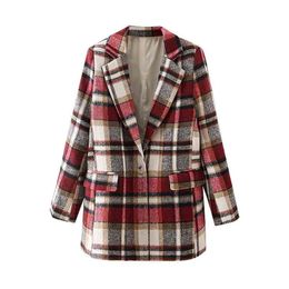 Causal Women Notched Collar Plaid Tweed Blazer Fashion Ladies Pocket Jacket Streetwear Female Chic Singles Button Coat 210527