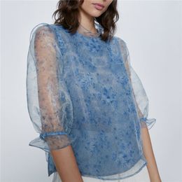 Stylish organblue women blouses see through three quarter sleeve shirts female blue stylish casual tops blusas 210430