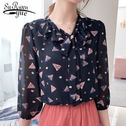 Fashion Women Chiffon Blouses Casual Black Print V-neck Clothing Seven-piece Sleeve Bow Tops 5477 50 210521