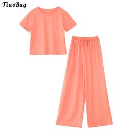 TiaoBug 2Pcs Women Summer Casual Suit Round Neck Short Sleeves Cropped T-Shirt And Loose Pants Set For Gym Yoga FitnSport X0629