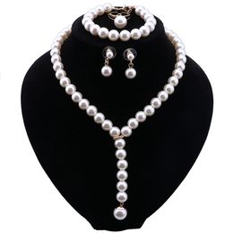 Imitation Pearl Wedding Necklace Earrings Bracelet Sets Bridal Jewellery Set for Women Elegant Party Gift Fashion Costume