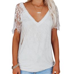 Sexy Women Summer Solid Colour T-Shirts Lace Decor See Through V Neck Short Sleeve Casual Loose Pullovers Top for Streetwear