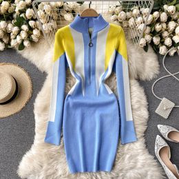 SINGREINY Women Design Knitted Dress Autumn Zipper Stand Collar Long Sleeve Slim Pencil Dress Winter Warm Sweater Short Dresses 210419