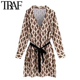 TRAF Women Fashion With Velvet Belt Printed Oversized Blouses Vintage Long Sleeve Side Vents Female Shirts Chic Tops 210415