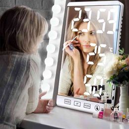 6 Inch LED Mirror Alarm Clock Touch Button Wall Digital Time Temperature Humidity Display USB Output Port Table 210804