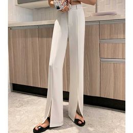 2021 White Front Split Suit Pants Spring and Summer Women's Drape High Waist Thin Wide Leg Pants Straight Mopping Pants Q0801