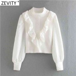 Women Sweet Ruffles Patchwork White Knitting Sweater Female Chic Puff Sleeve Buttons Casual Slim Pullovers Tops S545 210420