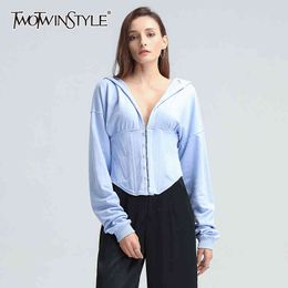 Sexy Slim Sweatshirt For Women Hooded Long Sleeve Cross Drawstring Tunic Elegant Female Fashion 210524