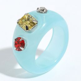 Fashion Acrylic Rectangle Rhinestone Rings for Women Trendy Colorful Transparent Resin Crystal Finger Rings Jewelry