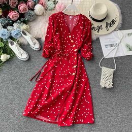 Summer Dress Women V-neck A-line Beach Long Polka Dot Chiffon Green Vestidos Verano Mujer Red Party Frocks for Women 210625