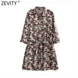 ZEVITY Women Vintage Camouflage Print Breasted Shirt Dress Female Threee Quarter Sleeve Sashes Vestido Chic Retro Dresses DS8386 210603