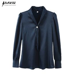 Navy Blue Chiffon Shirt Women V Neck Design Spring Fashion Temperament Satin Long Sleeve Blouses Office Ladies Work Top 210604