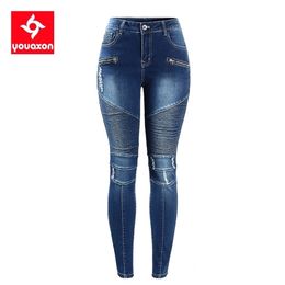 2077 Youaxon Women`s Motorcycle Biker Zip Mid High Waist Stretch Denim Skinny Pants Motor Jeans For Women 210809