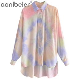 Rainbow Tie Dye Summer Women Loose Shirts Fashion Drop Shoulder Long Sleeve Casual Blouses Female High Low Hem Tops 210604