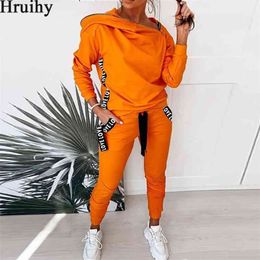 Two Piece Set Women Solid Hoodied Sweatshirt&woman Pants Ribbon Patchwork Letter Print Tracksuit Women Pockets Zipper Autumn 210727