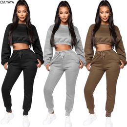 Autumn Winter Women's set Full Sleeve O-Neck Crop Top Long Pants Add wool Solid two piece set tracksuit outfits Sportswear J6113 Y0625