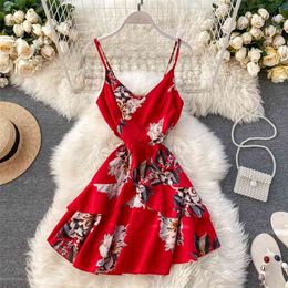 Printed Beach Dress Women's Holiday Ins Sexy V-neck High Waist Thin Print Sleeveless Mini Vestidos L144 210527