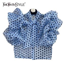 Casual Dot Shirt For Women Bowknot Collar Puff Short Sleeve Hit Colour Loose Blouses Females Summer Fashion 210524