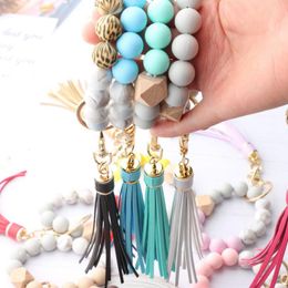 Jewelry Anti-lost Keychain Silicone Tassel Key Ring Wood Beads Wrist Strap Bracelet Keyring Women Accessories Wholesale 14 Colors Optional BT6501