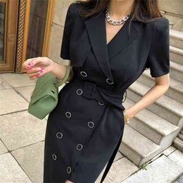 Solid Colour Double-breasted Wear To Work Business Dress Women Autumn Go to Office Ruffles Bodycon Vestidos 210603