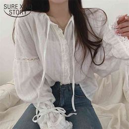 Spring Cotton Button Oversize Shirt Female Straps Lace Spliced White Blouse Women Lantern Sleeve Casual Office Ladies Tops 12633 210415