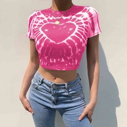 Pink Sweet Heart Printed Y2k Femme Women's T-Shirts Clothing Summer Tie Dye Crop Top Harajuku Short Sleeve Tee Shirt Paisle 210415