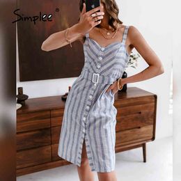 Cotton Light Blue Striped Strap Women Casual Summer Sleeveless Button Bodycon Dress Elegant Office Vestidos 210414