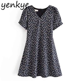 Summer Women Vintage Daisy Print Dress Short Sleeve V Neck Robe Femme A-line Mini Casual Sundress Clothes 210430