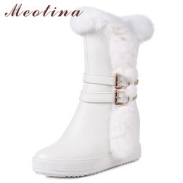 Winter Fur Snow Boots Women Zipper Height Increasing Heel Mid Calf Warm Plush Buckle Shoes Ladies Size 34-39 210517