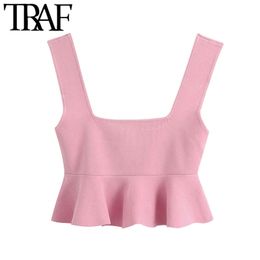 TRAF Women Sweet Fashion Ruffled Cropped Knitted Blouses VIntage Square Collar Sleeveless Straps Female Shirts Chic Top 210415