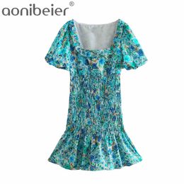 Floral Print Summer Ruffles Dresse Puff Sleeve Shirred Mini Square Collar High Waist Slim Mermaid 210604