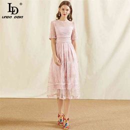 Fashion Runway Summer Dress Women O-Neck Embroidery Hollow Out Mesh Midi Ladies Party Sweet Pink es 210522