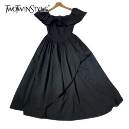 Black Split Dress For Women Slash Neck Short Sleeve High Waist Elegant Solid Dresses Female Fashion Clothing 210520