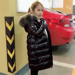 85-150 Cm Girls Boys Winter Shinning Long Down Baby Kids Children Thick Warm Real Fur Hooded Coat Outer Wear 211027