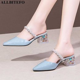 ALLBITEFO size:34-42 Colour diamond heels genuine leather thick heels wedding women shoes summer women slippers women sandals 210611