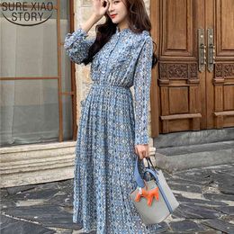 Sweet Floral Pleated Chiffon Dresses with Base Spring Stand Collar Women Long Sleeve Empire Midi Party Dress 8318 50 210417